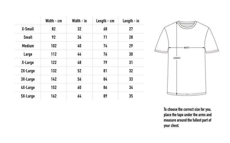 Size chart for Desert Rain Tee - Navy