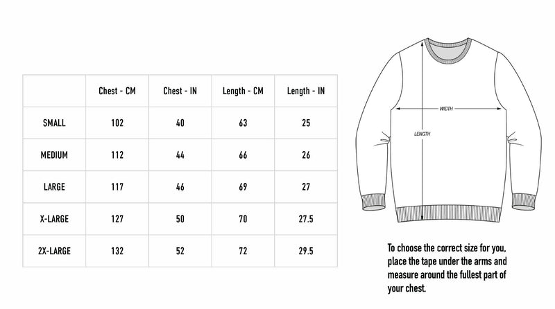 Size chart for Quiet Desert Crewneck - Tan